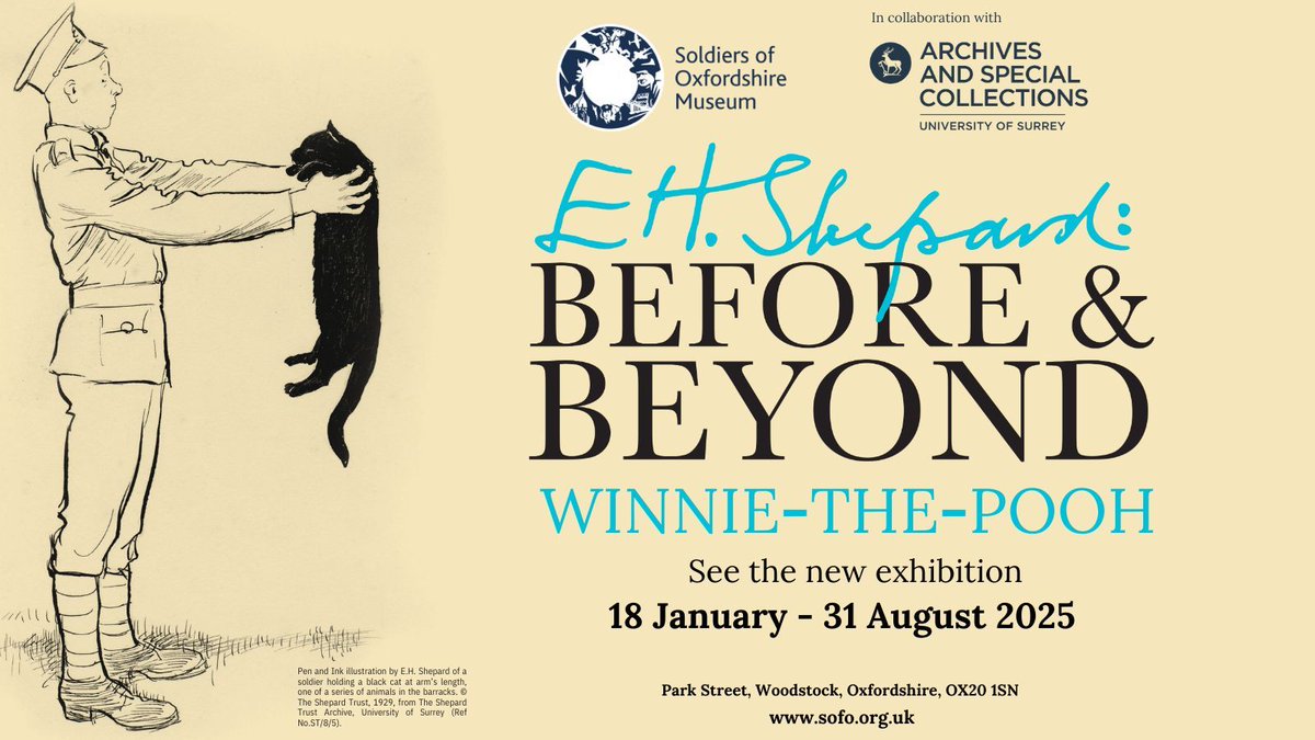 SOFOtrust's tweet image. It's official, it's #WinniethePoohDay and we're #open for 2025!
Visit our brand-new E.H. Shepard exhibition - see the artists' beloved children's illustrations alongside a wealth of his wartime work.
Discover the story of the man before and beyond the bear.
@UniOfSurrey