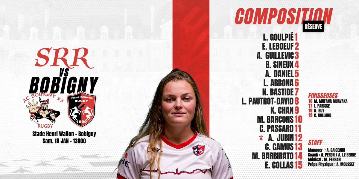 Réserve : AC Bobigny 93 x Stade Rennais Rugby⛈️

La composition de nos Rouge et Noir face à Bobigny.❤️🖤

🔙 Daniel de retour
9️⃣ Chan chef d’orchestre
🗓️ Samedi 18 Janvier 
🏟️ Stade Henri Wallon
⏰ Coup d’envoi 13h
