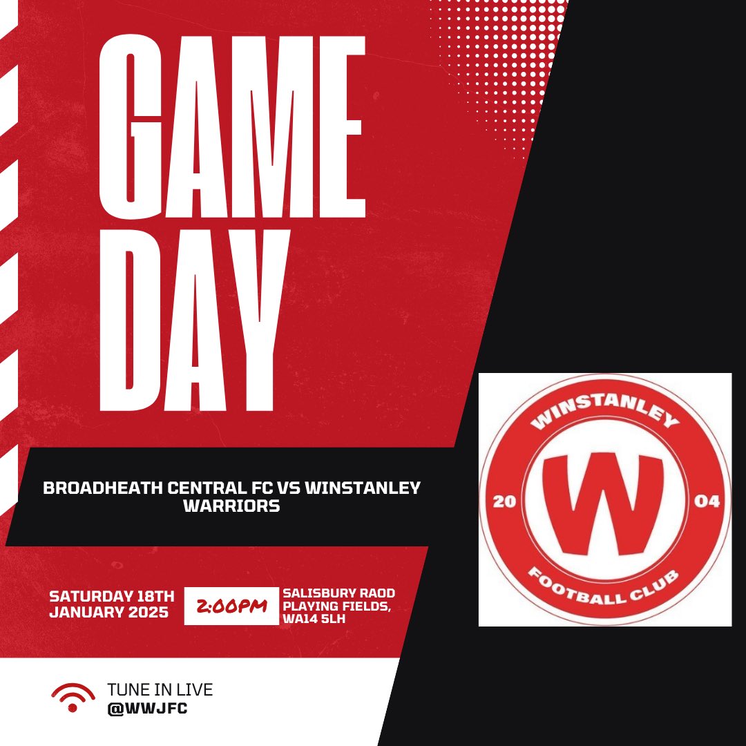 GAME DAY…

🆚 <a href="/bcfc1922/">Broadheath Central FC</a> vs Winstanley Warriors 

📆 Saturday 30th November 

🕢 2:00pm kick off  

📍Salisbury Road Playing Fields, WA14 5LH