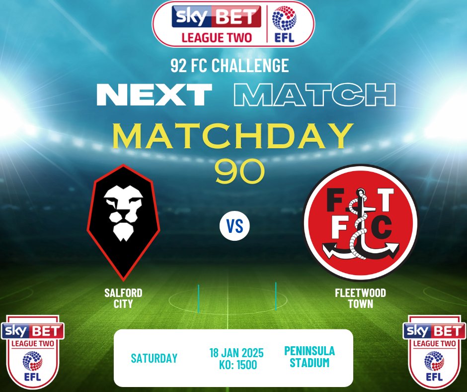 92FCChallenge (@92fcchallenge) on Twitter photo 4 weeks since our last 92 FC Challenge Game, during this time we had Xmas and brought in another new year, been to a match in Scotland and watched another 2 games (not part of the challenge) but despite a bad back and a Hernia, we continue to tick the matches off.
<a href="/SalfordCityFC/">Salford City FC</a> 4 weeks since our last 92 FC Challenge Game, during this time we had Xmas and brought in another new year, been to a match in Scotland and watched another 2 games (not part of the challenge) but despite a bad back and a Hernia, we continue to tick the matches off.
<a href="/SalfordCityFC/">Salford City FC</a>