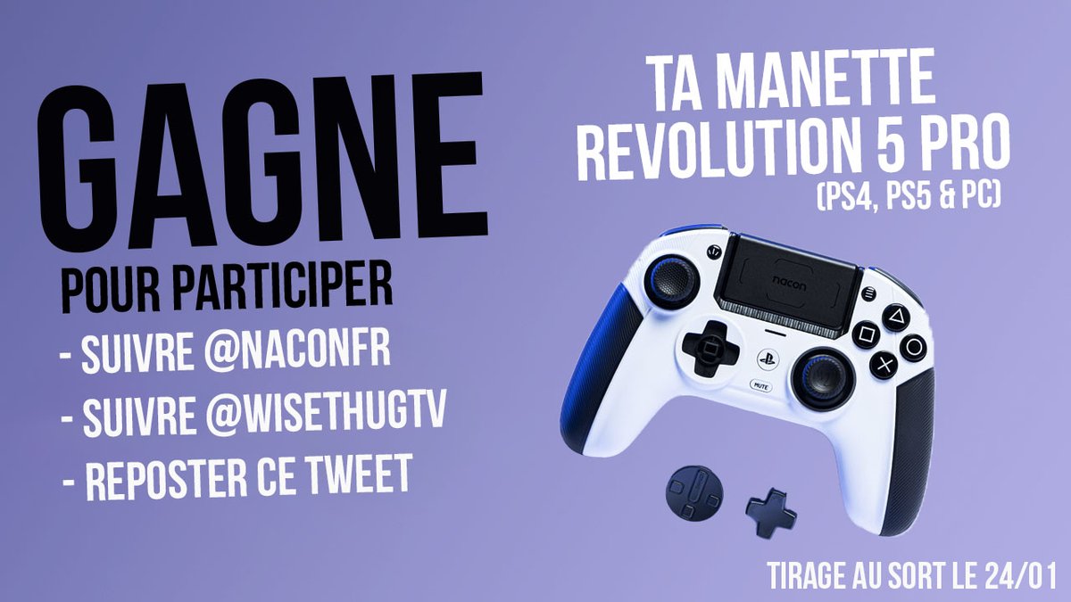 🎁 #CONCOURS 🎁 ! 

Avec <a href="/NaconFR/">Nacon France</a> on vous fait gagner une superbe manette Nacon Revolution 5 Pro (PC/PS4/PS5) d'une valeur de 199,90€ avec Hall Effect, taillé pour les joueurs pro ! 

Pour participer : 
- Reposter ce post
- Suivre <a href="/NaconFR/">Nacon France</a> &amp; <a href="/WisethugTV/">Wise</a> 

T.A.S le  24/01/25 !