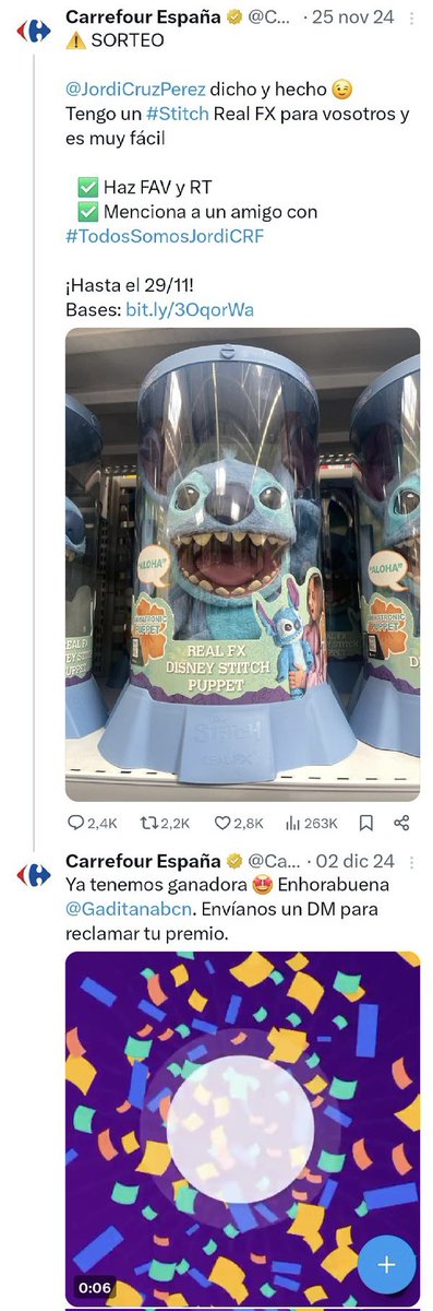 JavierLobo's tweet photo. ¡Hola, @CarrefourES!
¿Os acordáis cuando @JordiCruzPerez os disparó las ventas de la marioneta de Stitch en noviembre e hicísteis un sorteo aprovechando LoViral™, y que ganó @Gaditanabcn? https://t.co/cUFsW8D5qz