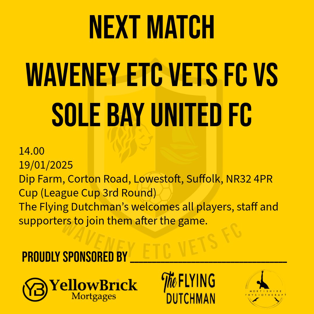 Tomorrow we have our first game of 2025. 

This was following our game against Lowestoft Town FC was called off last minute - we have received a walkover win.

Therefore, our Cup game against Sole Bay United FC will be the first time to work off some of the festive rust.