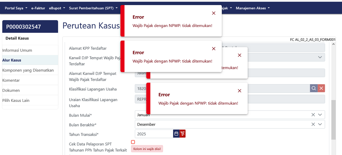 ABandoro's tweet photo. @kring_pajak @DitjenPajakRI 1. Saat saya centang kotak merah "Kolom ini wajib diisi" keluar jendela error seperti gambar di bawah.

2. Apakah surat keterangan domisili memiliki kaitan dengan SPT????

3. Apakah SPT surat keterangan domisili tahun 2025 juga harus menyertakan SPT tahun 2025? https://t.co/JiGHCLTtYU