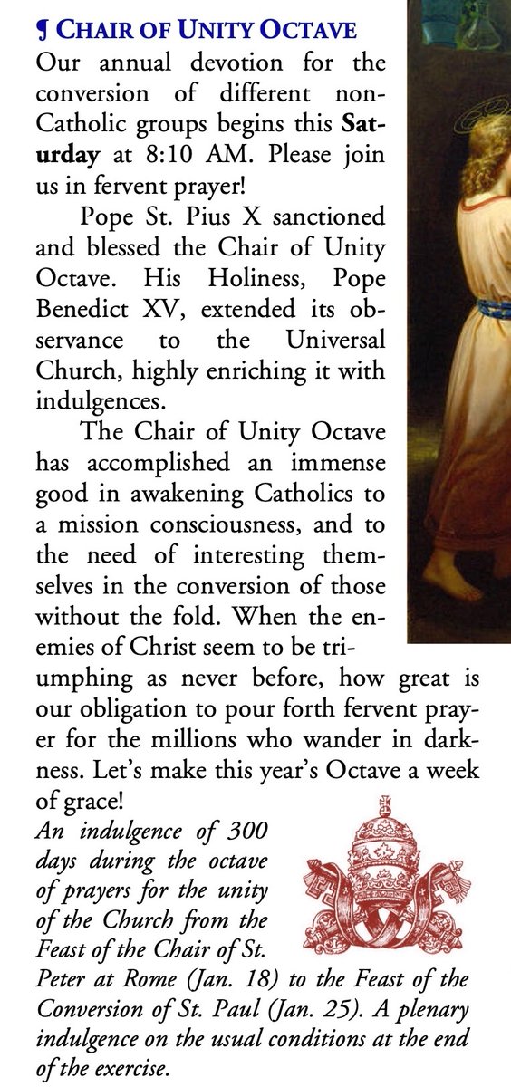 et_interrapax's tweet photo. Today begins the Chair of Unity Octave. Today we pray for the return of all the other sheep to the one fold of St. Peter, the one Shepherd. The 2nd photo contains the Official Prayer.
#Catholic #Catholics #Catholicism #CatholicChurch #ChairofUnityOctave #SaintPetersChairatRome https://t.co/y1geYJTzLu