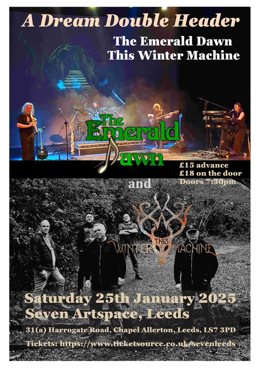 ONE WEEK TODAY
Two multi-award-winning progressive rock bands
The Emerald Dawn and This Winter Machine
25th January 2025, Seven Arts, Leeds
Tickets: ticketsource.co.uk/whats-on/leeds…
Details: facebook.com/events/1003680…
#prog #progrock