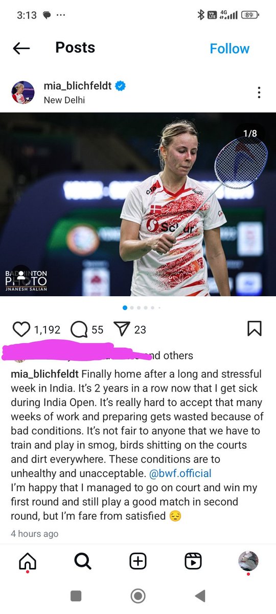 jon_selvaraj's tweet image. Denmark&apos;s top women&apos;s singles player Mia Blitchfeldt says on SM conditions at the India Open in New Delhi - specifically smog and hygiene -- are unhealthy and unacceptable. Says it is the second straight year that she has fallen sick in India at the tournament.