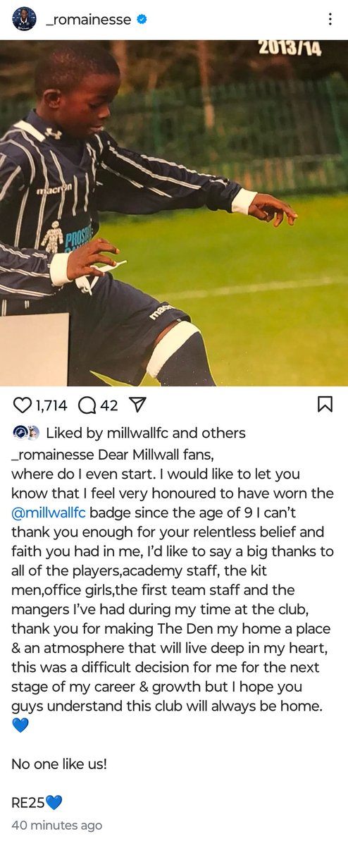 WallArt1885's tweet photo. Classy message from a classy young man #Millwall https://t.co/1WQCYEKrbv