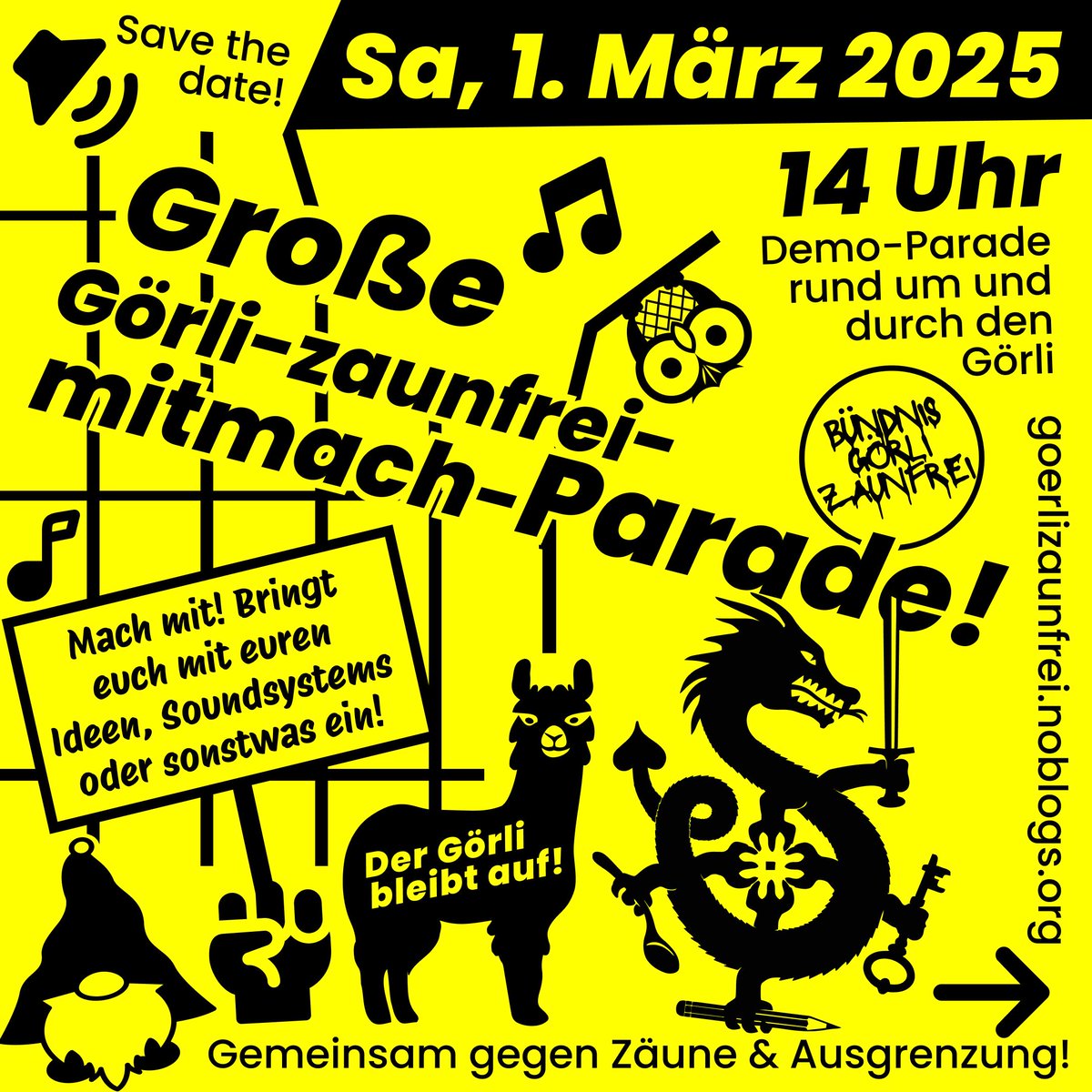 Du willst mit deinem Verein, Kollektiv, deiner Crew oder deiner WG Teil der Zaunfrei-Parade sein?
Komm zum ersten Mitmach-Treffen: Dienstag, 21.01., 18 Uhr, Kiezanker 36, Cuvrystr. 13-14 (U1/U3 Schlesisches Tor)