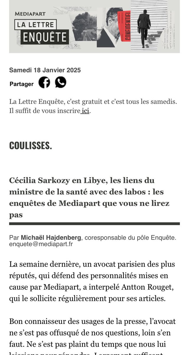 À <a href="/Mediapart/">Mediapart</a>, on passe aussi notre temps… à ne pas publier.

Dans la newsletter «Coulisses» de <a href="/mhajdenberg/">Michael Hajdenberg</a>, décryptage de 2 cas récents d’enquêtes non publiées après les vérifications de nos journalistes et le contradictoire avec les personnes concernées
info.mediapart.fr/optiext/optiex…