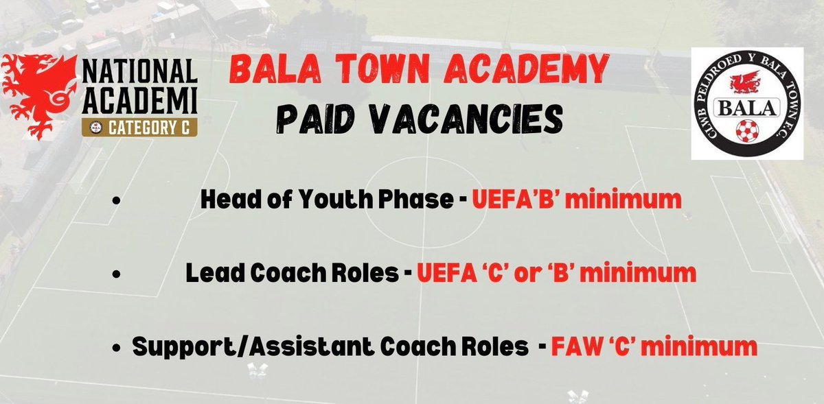 BalaTownFC's tweet photo. Interested in joining our Academy set up? ⚽️

We have a number of paid vacancies available! ⬇️

For more info contact Nick Jones on dnacoachnick@gmail.com or 07886483067 

@BalaFCAcademy https://t.co/N5Y47DNqNZ