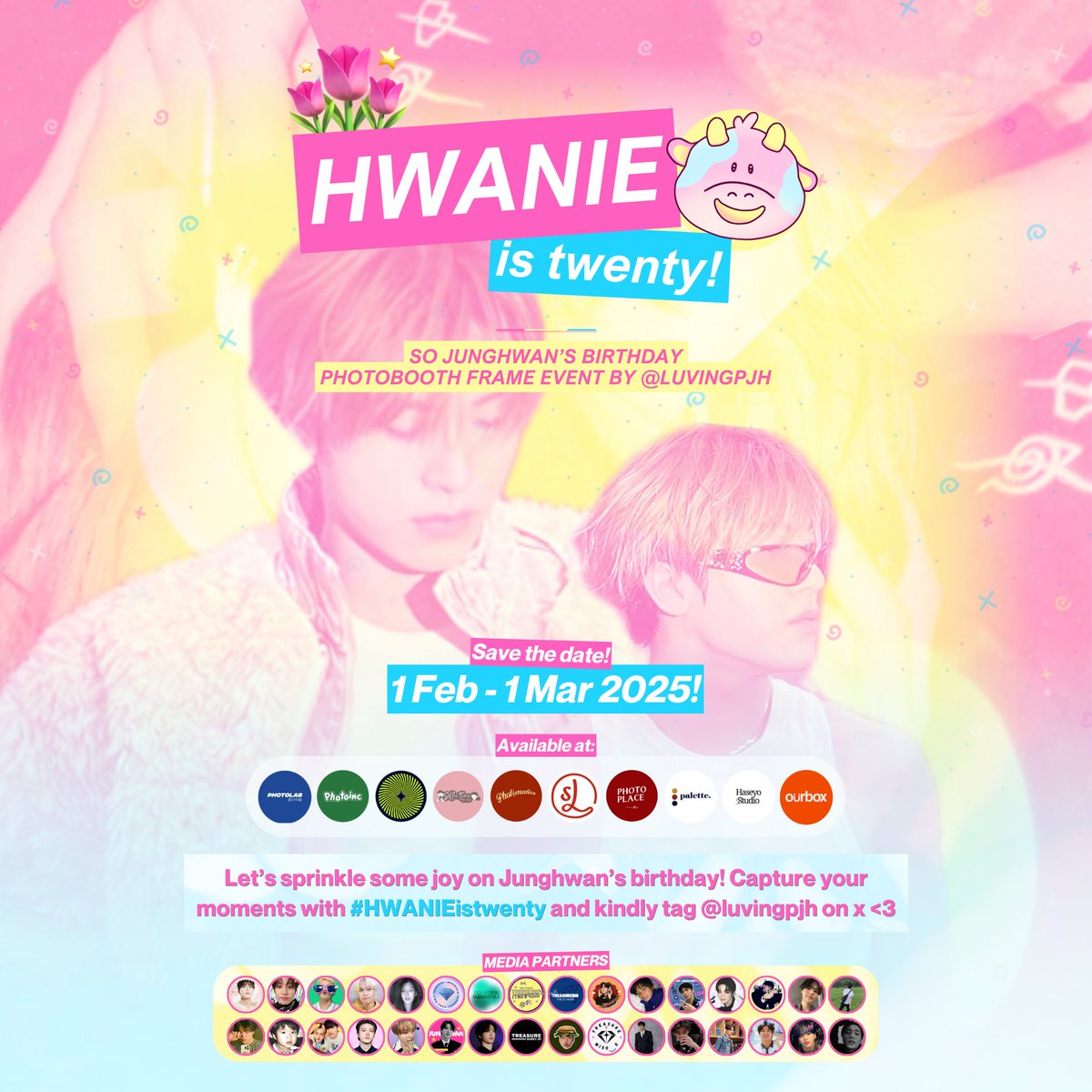 luvingpjh's tweet photo. 🩷.⋆˚. 𝐇𝐰𝐚𝐧𝐢𝐞 𝐢𝐬 𝐓𝐰𝐞𝐧𝐭𝐲!

So Junghwan Birthday Photobooth Event by @luvingpjh

💛 1 Feb - 1 Mar 2025
🩵 10 Photobooths in Indonesia

+ 𝐝𝐞𝐭𝐚𝐢𝐥𝐬 𝐛𝐞𝐥𝐨𝐰 . . . ↓

Capture your moments with #HWANIEistwenty and kindly tag @luvingpjh on x/ig . ｡���♡

#SOJUNGHWAN #소정환 #JUNGHWAN #정환 #ジョンファン #TREASURE #트레저