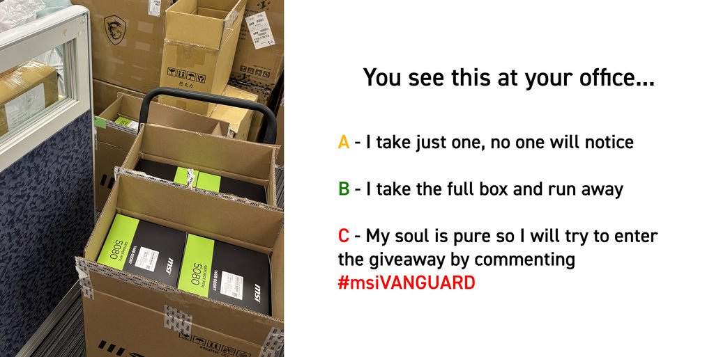 MSInordic's tweet image. Giveaway ending soon, so keep pushing for your chance to win!

How to Join:
✅ COMMENT your favorite MSI card with #RTX50 (e.g., #RTX50 #msiSUPRIM)
✅ RT to boost your chances of winning

Learn more: msi.gm/RTX50 

#MSIxFutureAI #BattleoftheBest