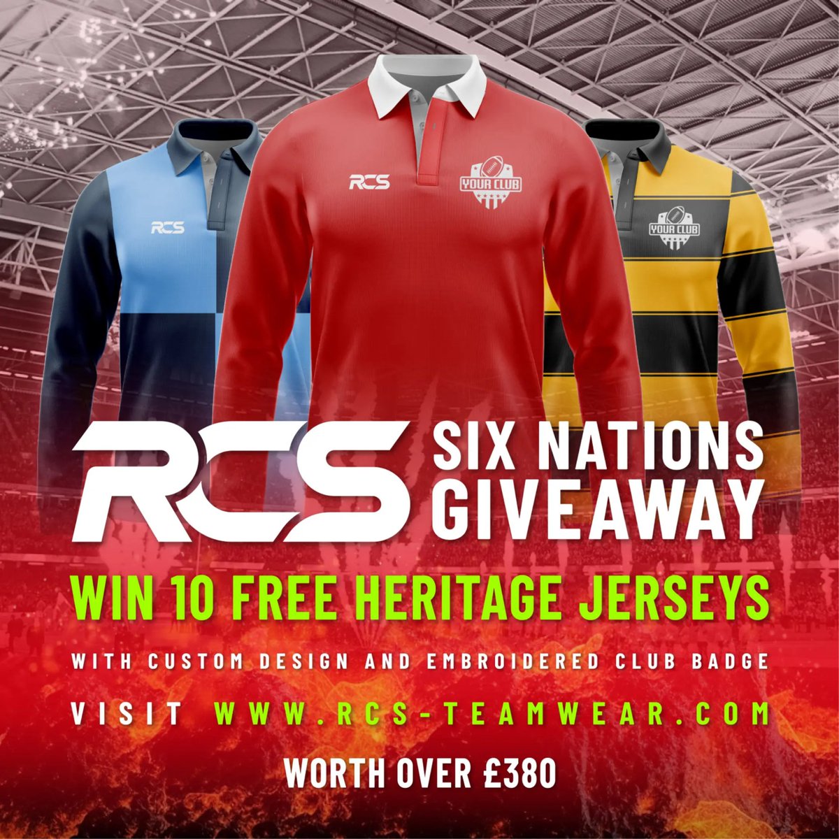 💥 WIN 10 Heritage Shirts

🏉 Our 6 Nations Giveaway is here

🎉 Here’s how to enter:
1️⃣ Like ❤️
2️⃣ Retweet  🔄
3️⃣ Join the RCS Family on our website with your email - rcs-teamwear.com 📲

🏉 COMING SOON 🏆
🏉 6 Nations Fantasy League! 🏆
📲 rcs-teamwear.com 📲