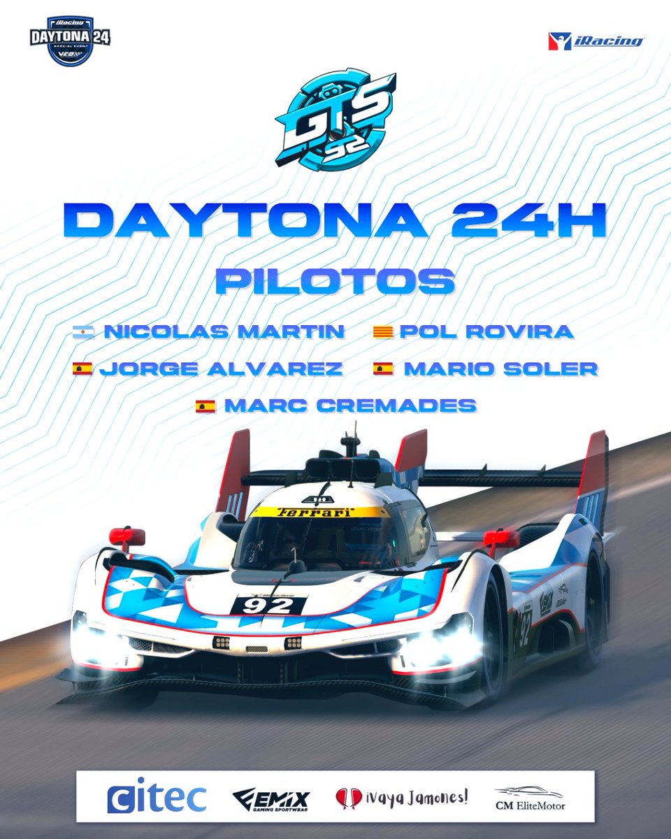 WE RACE | DAYTONA 24 

24 Horas de infarto en <a href="/iRacing/">iRacing</a> donde nuestros 5 pilotos intentarán conseguir el mejor resultado posible 

Las 24 horas serán emitidas por Mario

Mucha suerte y a terminar!! 💙🤍