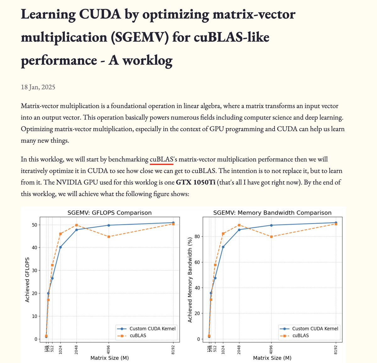 mrsiipa's tweet image. i am publishing my second CUDA worklog - this time we iteratively optimize matrix-vector multiplication (sgemv) that achieves performance on par with cuBLAS if not better!
topics covered:
- FLOPs vs. FLOPS
- memory coalescing
- warp and block level reductions
- vectorized loads