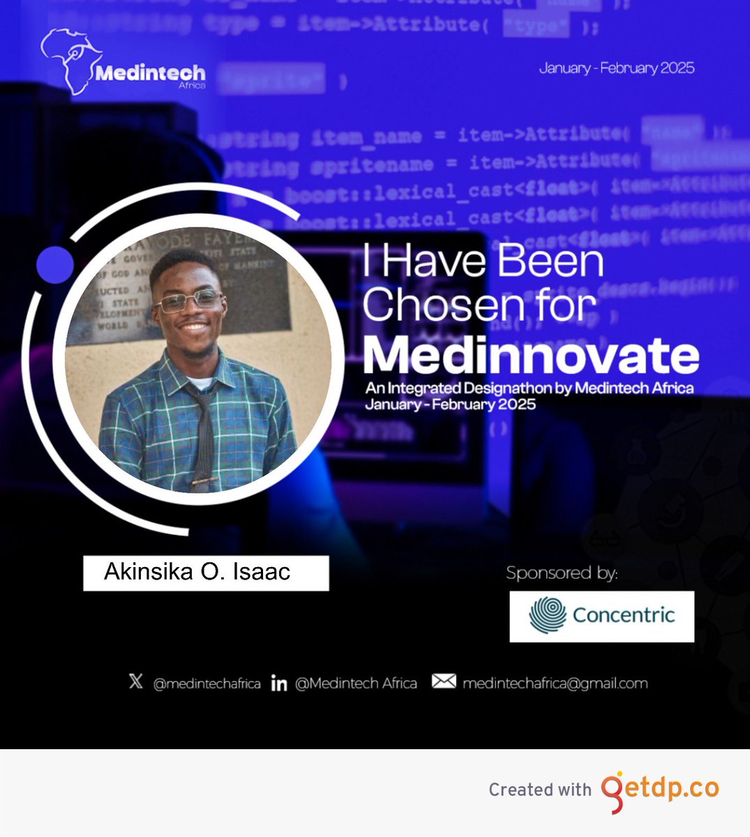 Excited to share that I’ve been selected to be part of <a href="/MedintechAfrica/">Medintech Africa</a> ! 🎉 Grateful for this opportunity to merge medicine and technology in innovative ways. Here’s to leveraging tech to transform healthcare! 🚀 #MedInTech #HealthTech #Innovation