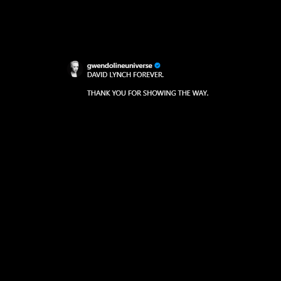 BlackLCult's tweet photo. Gwendoline Christie's words to David Lynch:

"David Lynch forever. Thank you for showing the way." https://t.co/EcRCLc5coT