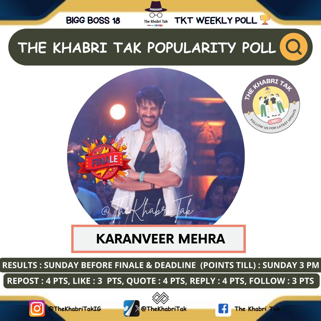 The Khabri Tak (@thekhabritak) on Twitter photo POPULARITY POLL : WEEK - 15
- Retweet🔁
- Like❤️
- Quote with Contestant Hashtag
- Comment with Contestant Hashtag
#BiggBoss #BB18 #BiggBoss18
Vote for #KaranveerMehra 👏
<a href="/TheKhabriTak/">The Khabri Tak</a> | <a href="/KaranVeerMehra/">Karan Veer Mehra</a> POPULARITY POLL : WEEK - 15
- Retweet🔁
- Like❤️
- Quote with Contestant Hashtag
- Comment with Contestant Hashtag
#BiggBoss #BB18 #BiggBoss18
Vote for #KaranveerMehra 👏
<a href="/TheKhabriTak/">The Khabri Tak</a> | <a href="/KaranVeerMehra/">Karan Veer Mehra</a>