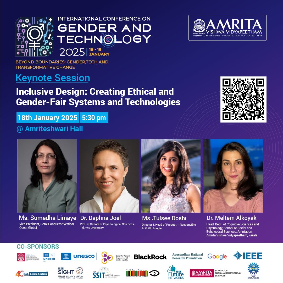 Building tech that serves ALL!  Join our keynote session on Inclusive Design, exploring ethical &amp; gender-fair systems! 📅 18 Jan, 5:30 PM 📍 Amriteshwari Hall #InclusiveDesign #EthicalTech #GenderFairTech  #gendertechcon2025 <a href="/unescoindia/">UNESCO South Asia 🏛 #Education #Sciences #Culture</a> <a href="/IEEEKerala/">IEEE Kerala Section</a> <a href="/AMRITAedu/">Amrita Vishwa Vidyapeetham</a> <a href="/CSIR_IND/">CSIR, India</a>
