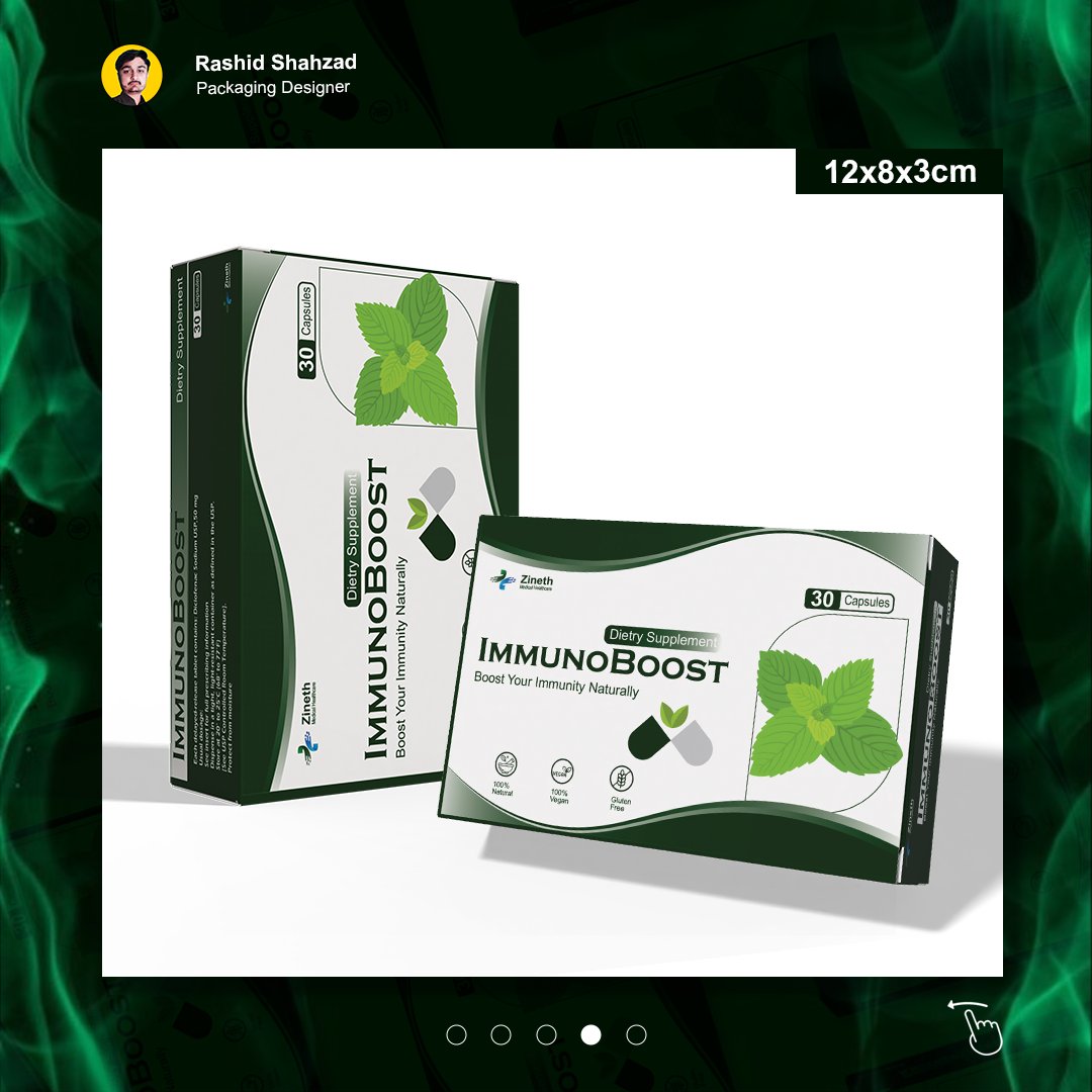 DesignsByRashid's tweet photo. Product Name: ImmunoBoost Capsule.
Size: 8x12x3cm
Font: Cooperpalette &amp; Arial
Color Scheme: Green &amp; White to emphasize Health and Nature.
#Boxpackaging #Productboxdesign #Amazonproduct #packaging #packagingbox #packagingboxdesign #boxdesign #adobeillustrator #adobephotoshop https://t.co/XoAgeszoNr