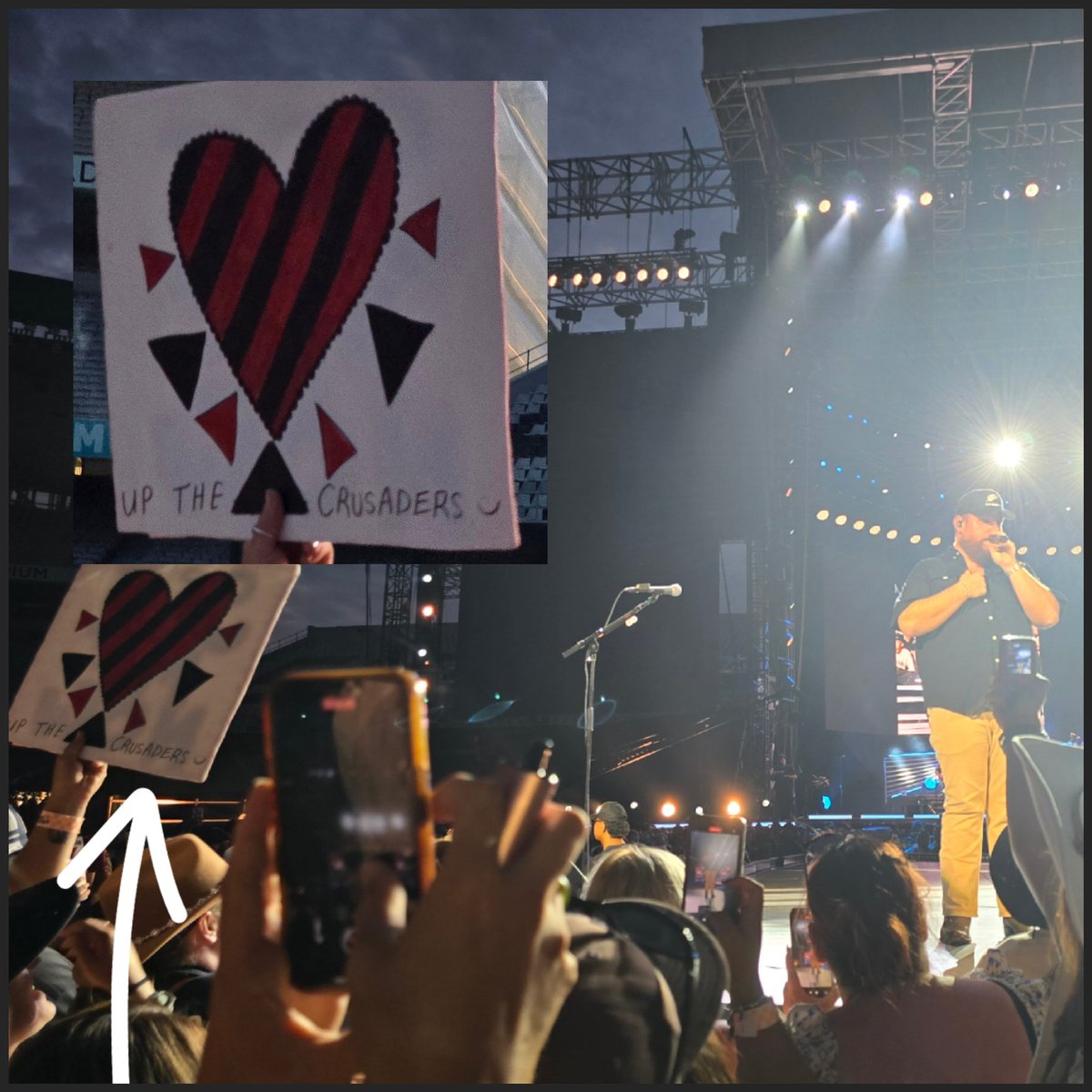 Best sign of the night at the Luke Combs concert!! <a href="/Pandasport/">Andrew Thompson</a> <a href="/AlTaylorNZ/">Alastair Taylor 🧢</a> <a href="/rmcintyre007/">Richard McIntyre</a> <a href="/Lewisridge_Farm/">Chris🥛Proud Food Producer 🐄🐂</a> <a href="/grant_farquhar/">𝙶𝚛𝚊𝚗𝚝 𝙵𝚊𝚛𝚚𝚞𝚑𝚊𝚛</a> #upthecrusaders