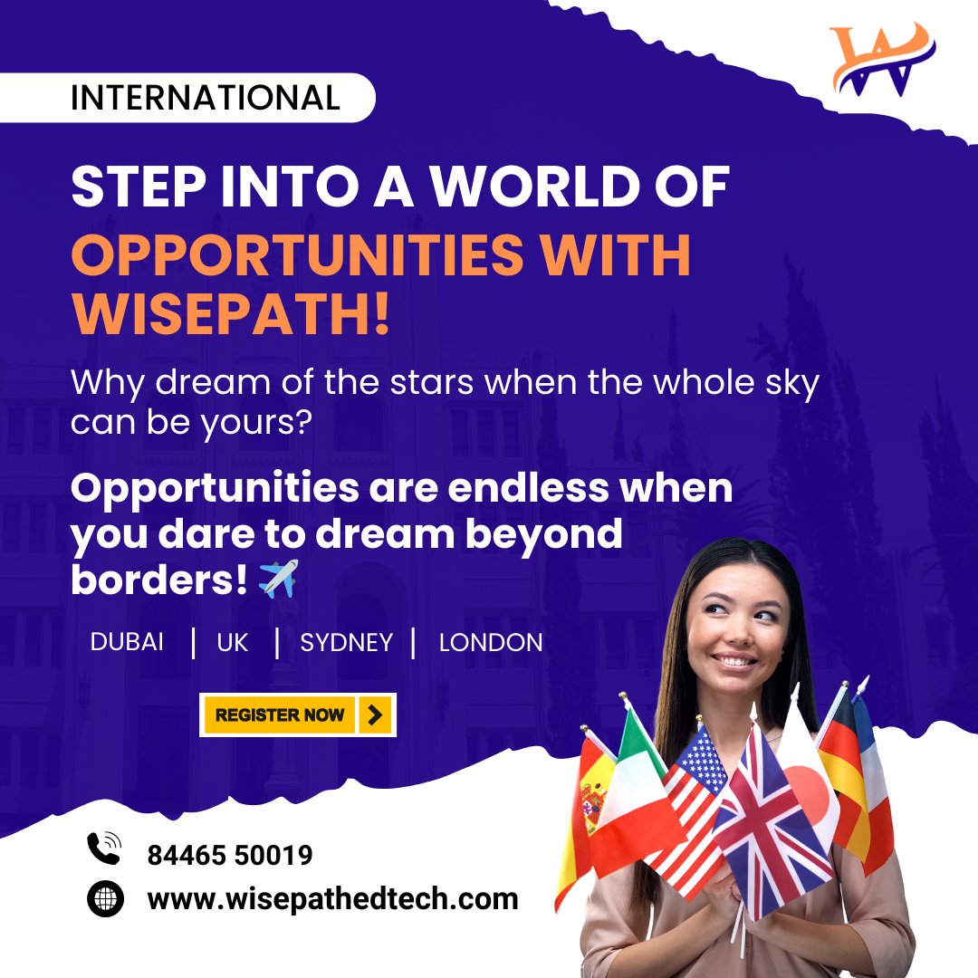 WisePathEdtech's tweet photo. Step Into a World of Opportunities with WisePath! 
Why dream of the stars when the whole sky can be yours? 
At WisePath, we believe your talent deserves a global stage.
✅ Explore career paths in top countries like Dubai, UK, Canada, and more.
Take charge of your destiny with us https://t.co/c3vuUzFv0E