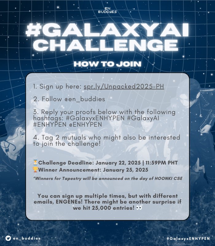 en_buddies's tweet photo. Hey, ENGENEs! Aside from the newest Galaxy flagship device, get a chance to win these prizes from us, too! 

Follow the mechanics to our giveaway, and let's reach 25k entries to unfold a surprise!

Sign up now: https://t.co/QUpJYnQOA9

#GalaxyAI #GalaxyxENHYPEN
#ENHYPEN @ENHYPEN https://t.co/QRjdc39yIq