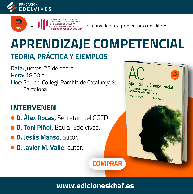 El 23 de enero se celebrará una nueva presentación del libro, titulado "Aprendizaje Competencial: Teoría, práctica y ejemplos para hacerlo realidad en el aula", publicado por #JavierValle, <a href="/elenapinnana/">Elena Piñana</a>  y <a href="/j_manso/">Jesús Manso</a> en <a href="/Ediciones_khaf/">EdicionesKhaf</a> .

¡Nos vemos en #Barcelona!