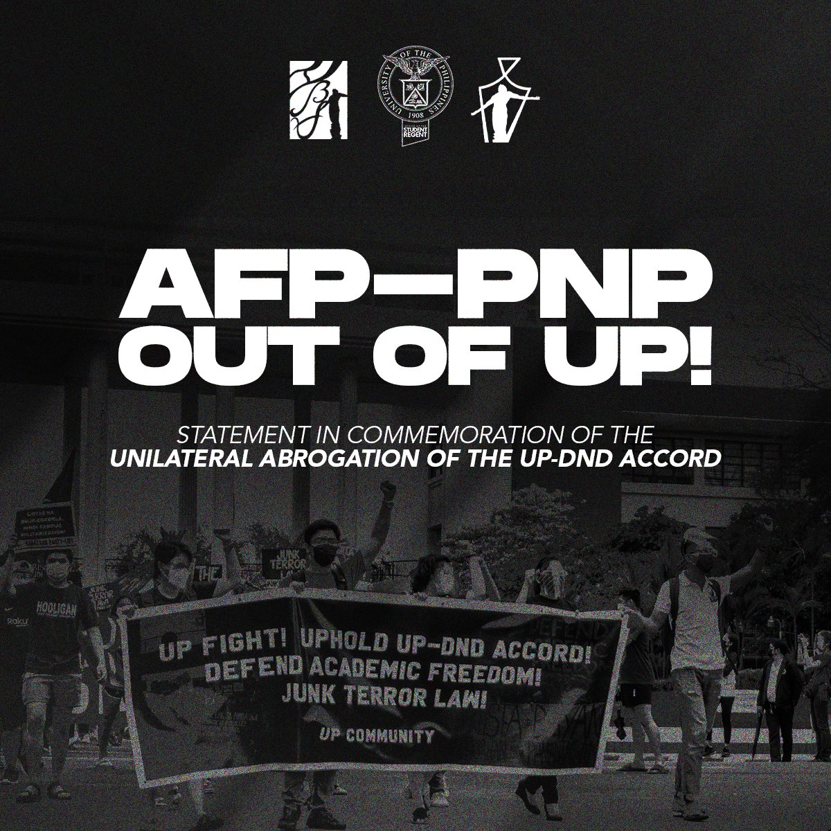 uposr's tweet photo. AFP-PNP OUT OF OUR SCHOOLS! DEFEND UP!
In the face of worsening crises inside and outside the University, state forces have no space our University where we should exercise our critical thinking and academic freedom in service of the people.
#DefendUP
#NoDealsWithFascists https://t.co/ZIAXMM3LDT