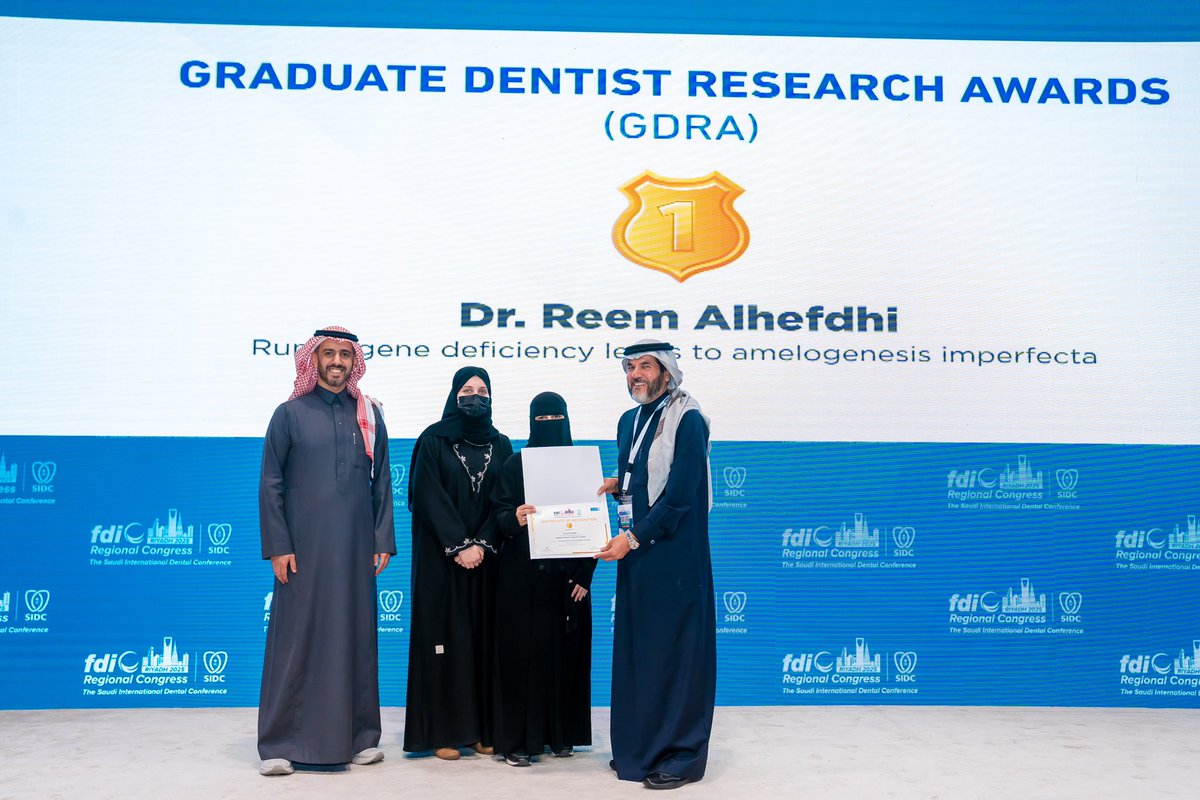 DentalSaudi's tweet photo. FDI Regional Congress-SIDC 2025

 🎊Research Awards Winners
Graduate Dentists Research Awards

🥇Dr.Reem Alhefdhi

#SIDC2025
#سيدك https://t.co/dkWtwt3NzS