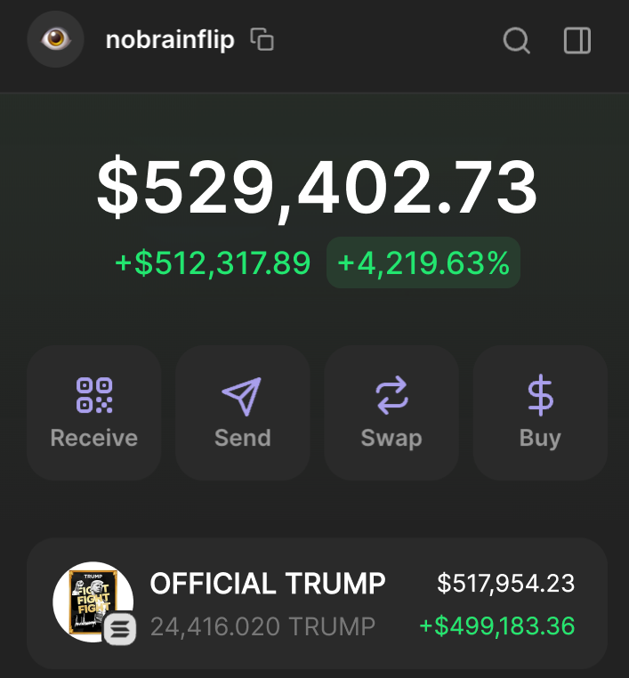 nobrainflip's tweet image. $15k in $TRUMP a few hours ago = $500k rn

Bought a bag after my follower shilled it to me, so I want to share some profits with all of you

I’ll send $15,000 in $TRUMP to one follower who:

Likes, RTs, and comments 'completed'

You have 24 hours. GL