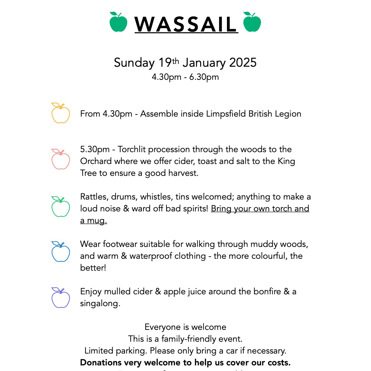 LimpsfieldUK's tweet photo. A-wassailing we go… 
Tomorrow (Sunday 19th January) don’t forget it’s the annual Wassail at the #Limpsfield Community Orchard.  This is great fun for all the family. Meet inside the Legion, Grub Street from 4.30pm for 5.30pm procession to the orchard. Bring rattles &amp; whistles! https://t.co/1VZ95IezrR