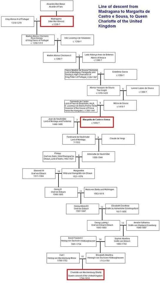 DeanGraces's tweet photo. @Joe__Bassey FACT CHECK BRO: Queen Charlotte NOT BLACK or BI-RACIAL. Charlotte's Africa connection is 15 GENERATIONS prior to her birth, equivalent to less than 1% Black African DNA. 

Evidence Attached: Family Tree https://t.co/XIU5ETV101