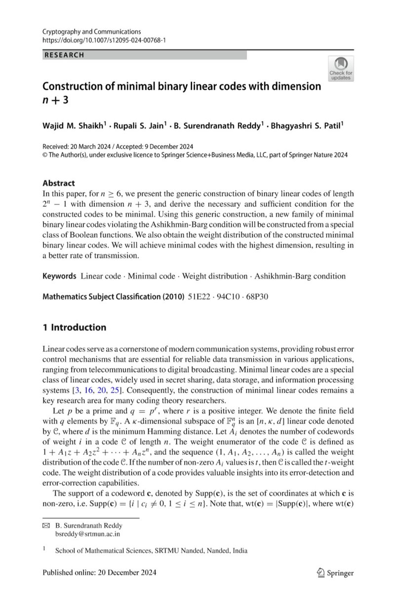 surirupa's tweet photo. My latest research on Mathematics has just been published with @SpringerNature in Cryptography and Communications. Read here: https://t.co/ESHyde0np8 https://t.co/RoQz6GcMVB