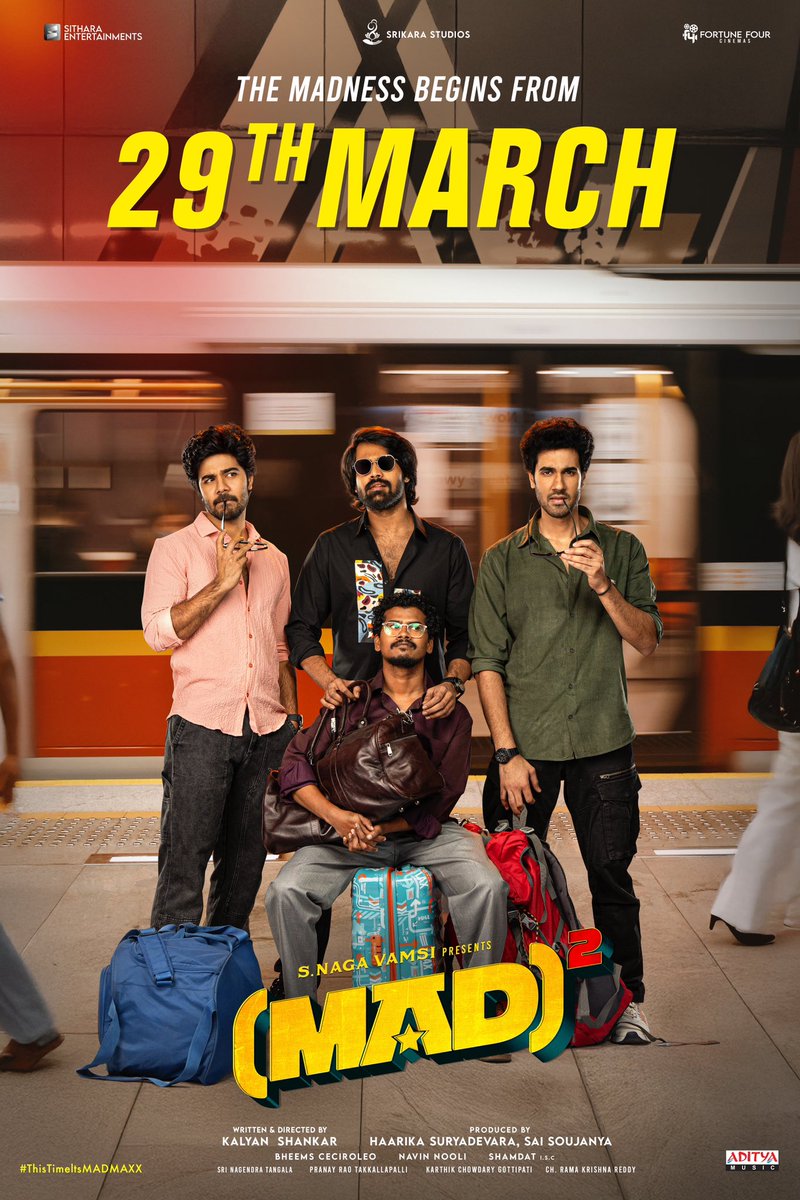 SitharaEnts's tweet photo. More FUN than you can handle 😉
More MADNESS than you can imagine 🕺🏻

#MADSquare is all set to take the Entertainment game to the next level from MARCH 29th in theatres ❤️

@NarneNithiin #SangeethShobhan #RamNitin @kalyanshankar23 @vamsi84 #HarikaSuryadevara #SaiSoujanya #BheemsCeciroleo @NavinNooli @Shamdatdop @Fortune4Cinemas @SitharaEnts #SrikaraStudios @adityamusic