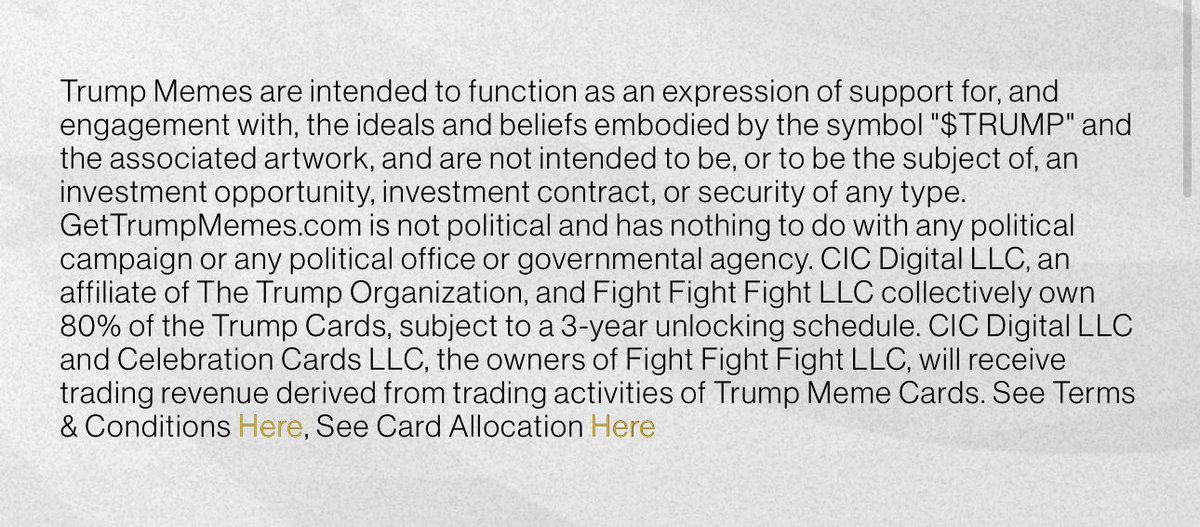 For those wondering what “Creators, CIC Digital” is, it’s an affiliate of the Trump Organization, essentially insiders.

These insiders are directly tied to Trump’s other crypto ventures, including his meme cards.