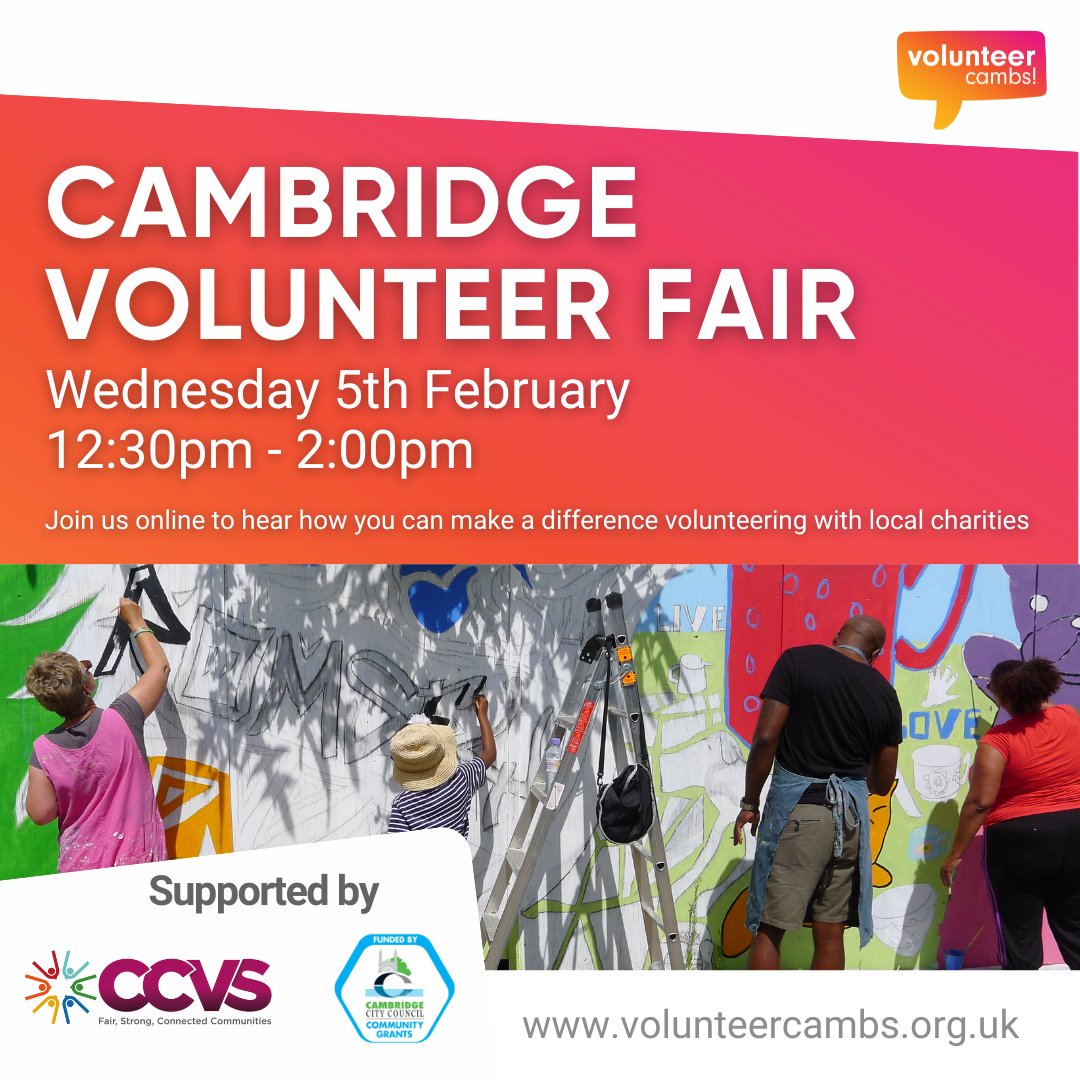 Hunts Forum (@huntsforum) on Twitter photo 📢 Don’t miss the <a href="/CambridgeCVS/">CCVS #NeverMoreNeeded</a> Volunteer Fair!
🗓️ When: Wed, Feb 5 (Lunchtime, online)
✅ Discover volunteering roles (flexible, one-off, or regular)✅ Ask questions & find your perfect fit. Book: zurl.co/hjQRL
#Volunteer 📢 Don’t miss the <a href="/CambridgeCVS/">CCVS #NeverMoreNeeded</a> Volunteer Fair!
🗓️ When: Wed, Feb 5 (Lunchtime, online)
✅ Discover volunteering roles (flexible, one-off, or regular)✅ Ask questions & find your perfect fit. Book: zurl.co/hjQRL
#Volunteer