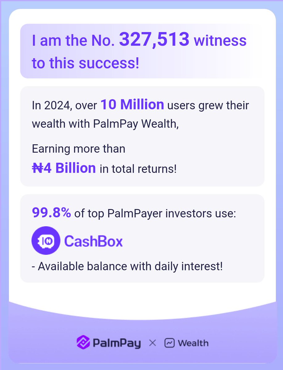 Heisbigmish's tweet photo. PalmPay Wealth helped over 10M users earn ₦4B+ in 2024. 99.8% of top investors used CashBox to grow their money. 

Don't miss out—start your journey with @palmpay_ng today! 

 (ins: @palmpayapp_ng; Facebook:@palmpayapp.ng)

#PalmPaySavingsReport https://t.co/QhUmqhSWeK