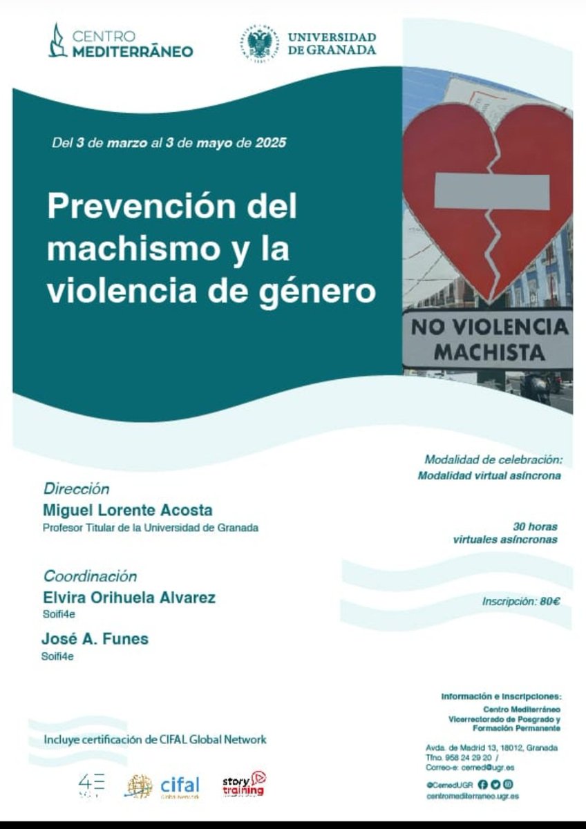 Abierta matriculación al  curso en el <a href="/CemedUGR/">Centro Mediterráneo</a> sobre prevención del machismo y la violencia de género, con <a href="/Miguel__Lorente/">Miguel Lorente</a> y <a href="/CarmenRuizRepul/">Carmen Ruiz Repullo</a> de profesores. Certificado por <a href="/CifalGlobal/">CIFAL Global Network</a> y tramitándose reconocimiento de créditos en <a href="/CanalUGR/">Universidad Granada</a> cemed.ugr.es/curso/25on02/