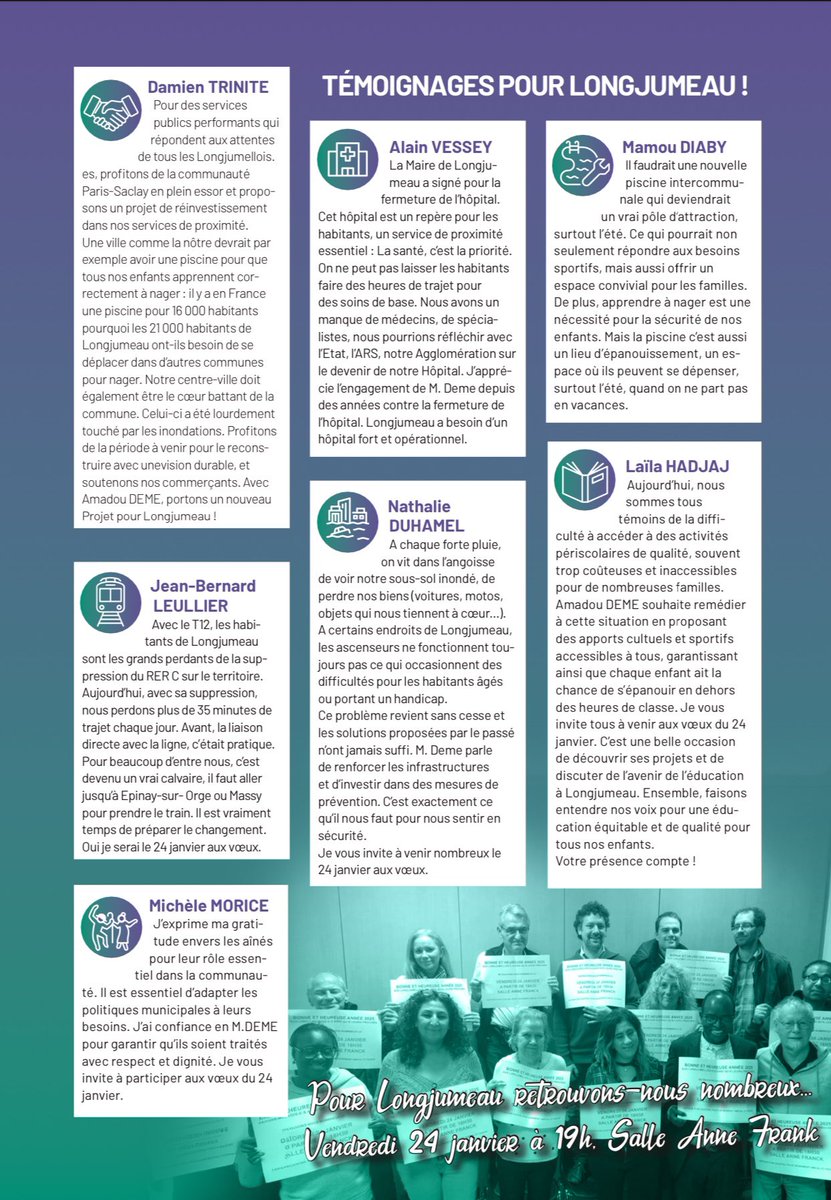 📢 INVITATION – VOEUX 2025 📢

Longjumellois•es, il est temps d’agir pour une ville plus solidaire, dynamique et respectueuse de tous•tes.

📅 Rendez-vous Vendredi 24 janvier à 19h
📍 Salle Anne Frank, Longjumeau

Ensemble, relevons Longjumeau ! 💪🏾

#Longjumeau #Voeux2025