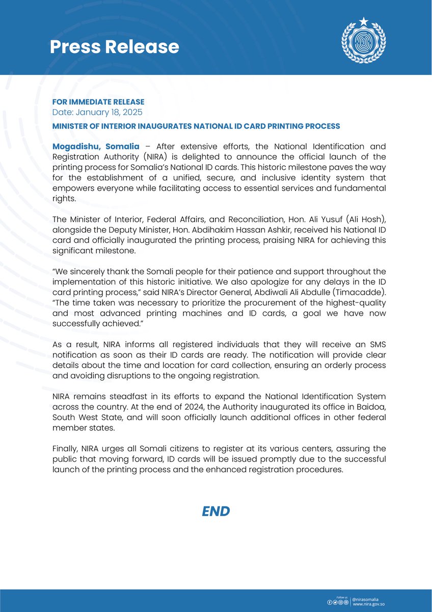 NIRASomalia's tweet photo. After extensive efforts, the National Identification and Registration Authority (NIRA) is delighted to announce the official launch of the printing process for #Somalia's National ID cards. Read the following press release for more. 👇🏿 https://t.co/zm94oetbHF