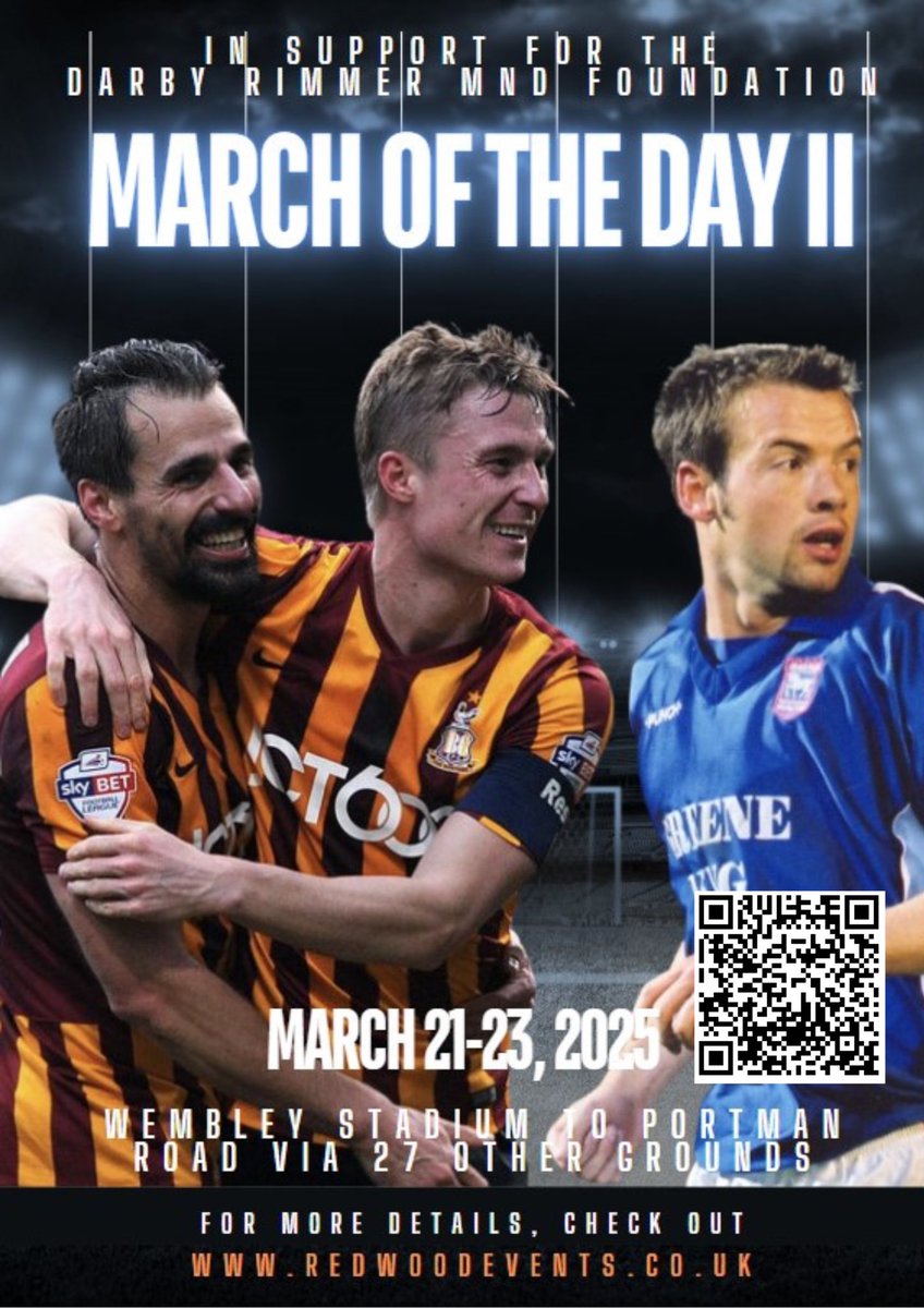 Mike Wilson* (@redsmail) on Twitter photo Nine weeks to go.
March of the Day II from <a href="/wembleystadium/">Wembley Stadium</a> to <a href="/IpswichTown/">Ipswich Town</a> via 26 other stadia. 24 ex pros already taking part in support of <a href="/DarbyRimmerMND/">Darby Rimmer MND Foundation</a> and the MND community incl <a href="/mattholland8/">Matt Holland</a>, <a href="/stephhoughton2/">Steph Houghton MBE</a> & many more
Get your team entered here
redwoodevents.co.uk/march-of-the-d… Nine weeks to go.
March of the Day II from <a href="/wembleystadium/">Wembley Stadium</a> to <a href="/IpswichTown/">Ipswich Town</a> via 26 other stadia. 24 ex pros already taking part in support of <a href="/DarbyRimmerMND/">Darby Rimmer MND Foundation</a> and the MND community incl <a href="/mattholland8/">Matt Holland</a>, <a href="/stephhoughton2/">Steph Houghton MBE</a> & many more
Get your team entered here
redwoodevents.co.uk/march-of-the-d…