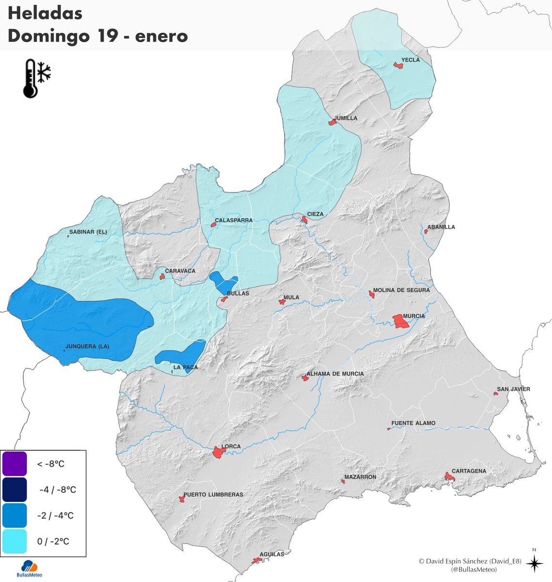 ❄️ Próxima madrugada (domingo) con heladas más extensas en zonas de interior de la Región de #Murcia (Altiplano, Vega Alta, Noroeste, Tierras Altas de Lorca). Localmente se pueden registrar algunas heladas moderadas-fuertes en el altiplano de #Caravaca.