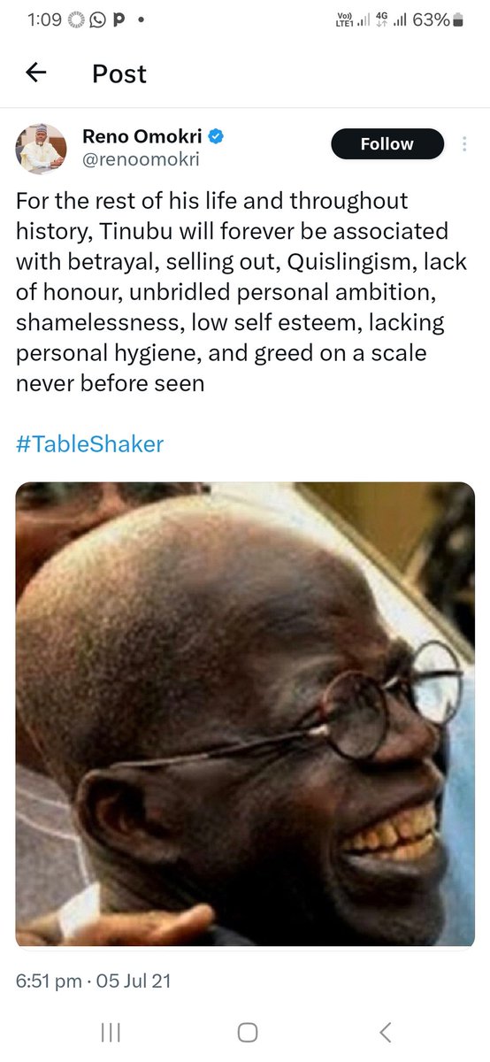 AbiriOlubunmi's tweet photo. @ruffydfire Reno is evil. He specialises in creating enmity between people and ethnicity.  His modu operandi is bullying people with lies and propaganda yo gain favour and silence any critics. https://t.co/CyvikvnE31