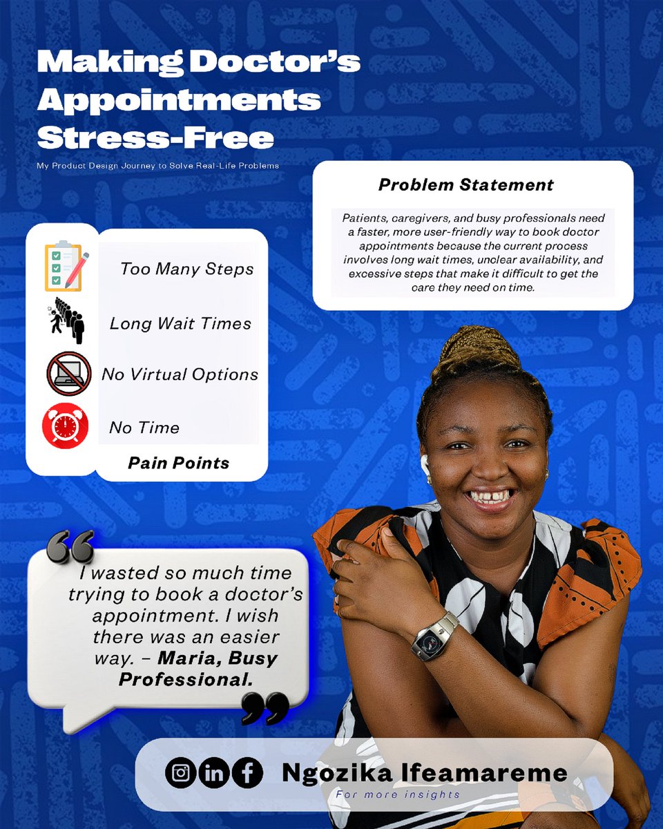 NgozikaIfeamar1's tweet image. Week 1 Challenge 
Booking a doctor’s appointment shouldn’t be this hard, right?

Hi, I’m Ngozika, and with my teammates, we’re tackling this problem to make it stress-free.
#UXDesign #ProblemStatement #DesignThinking #mytechstory
#tefemafricafellowshipchallenge #titranstech