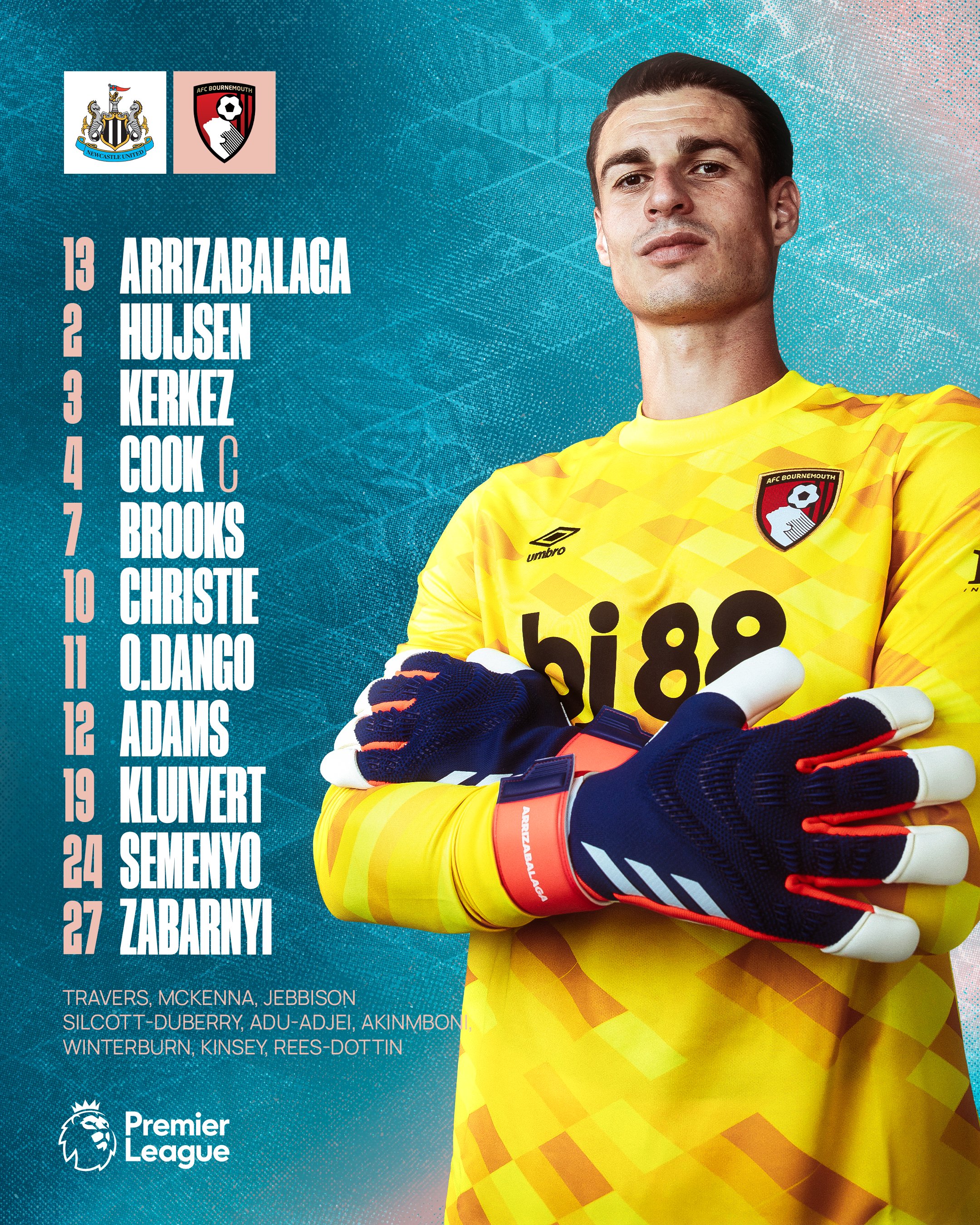 The AFC Bournemouth team news graphic; Kepa, Huijsen, Kerkez, Cook (C), Brooks, Christie, O.Dango, Adams, Kluivert, Semenyo, Zabarnyi.