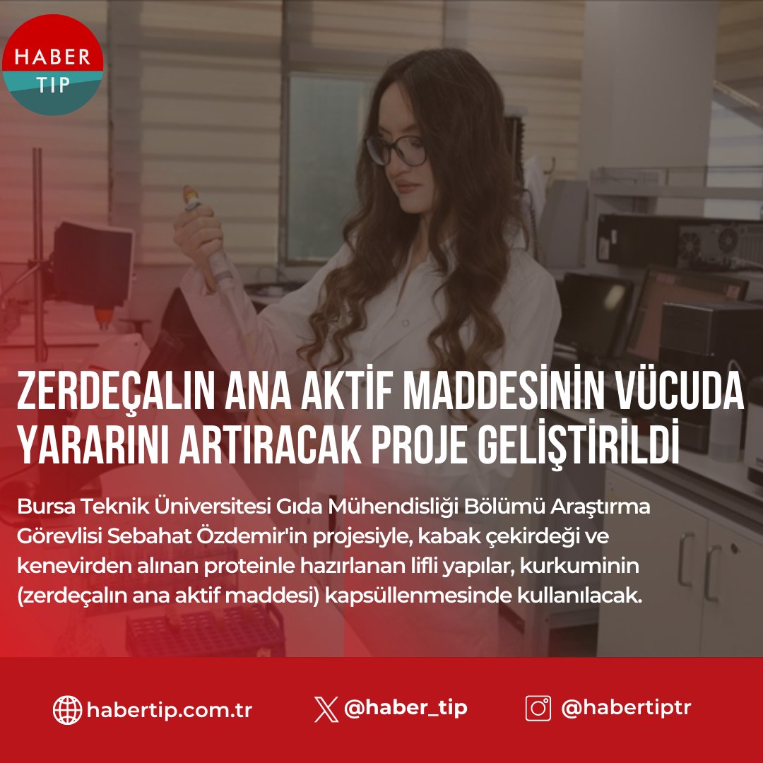 habertip's tweet photo. Bursa Teknik Üniversitesi Gıda Mühendisliği Bölümü Araştırma Görevlisi Sebahat Özdemir'in projesiyle, kabak çekirdeği ve kenevirden alınan proteinle hazırlanan lifli yapılar, kurkuminin (zerdeçalın ana aktif maddesi) kapsüllenmesinde kullanılacak. https://t.co/XEmZ7v77AH