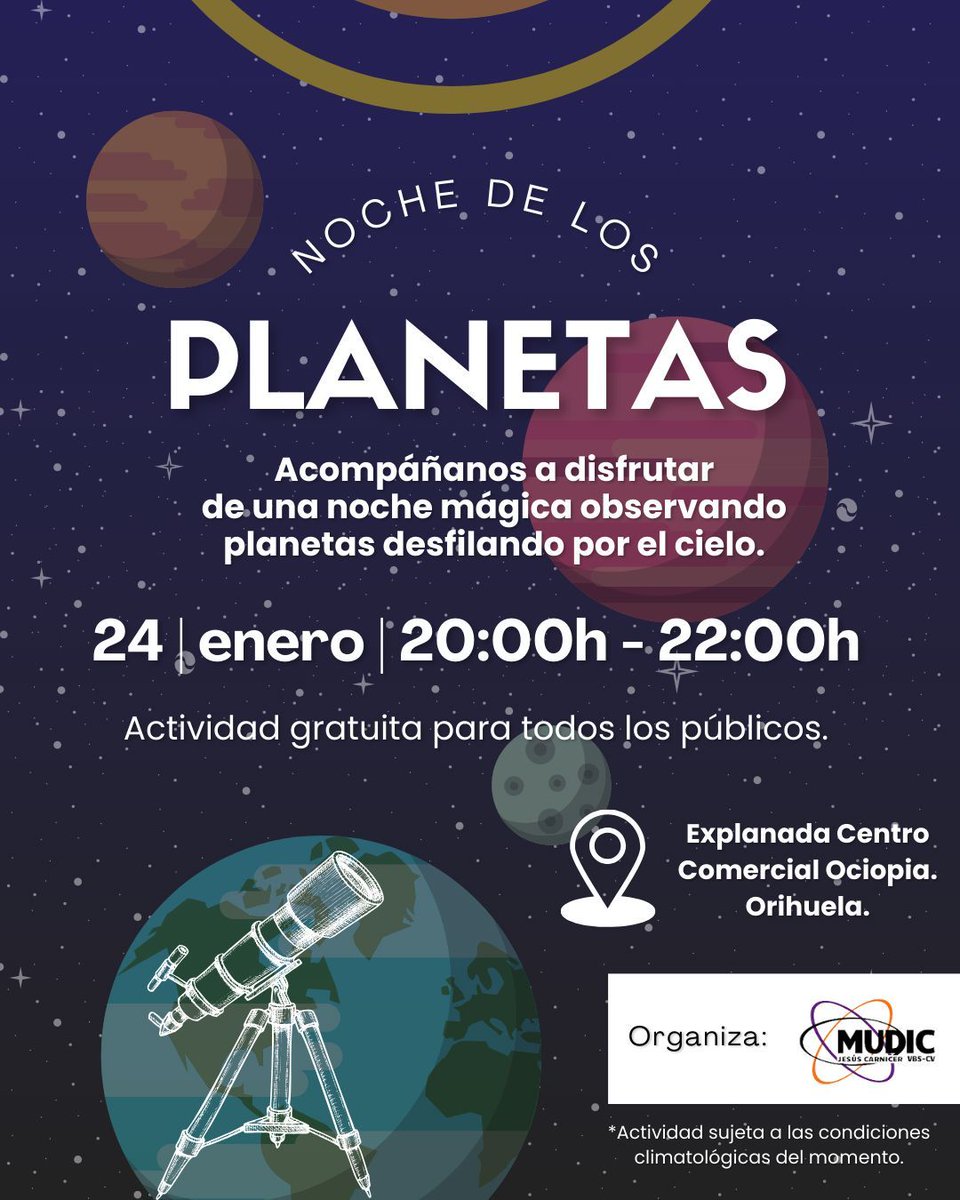 mudic_ciencia's tweet photo. Es el momento perfecto para disfrutar de nuestro cielo, ya que algunos de nuestros planetas van a pasar por puntos que nos va a permitir verlos con mayor claridad.

Es una actividad abierta a todo el público, gratuita y sin reserva!

¡Te esperamos! https://t.co/yzApGNsyiP