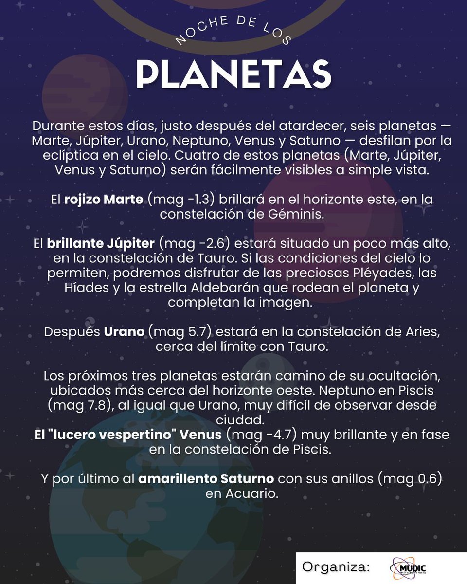 mudic_ciencia's tweet photo. Es el momento perfecto para disfrutar de nuestro cielo, ya que algunos de nuestros planetas van a pasar por puntos que nos va a permitir verlos con mayor claridad.

Es una actividad abierta a todo el público, gratuita y sin reserva!

¡Te esperamos! https://t.co/yzApGNsyiP
